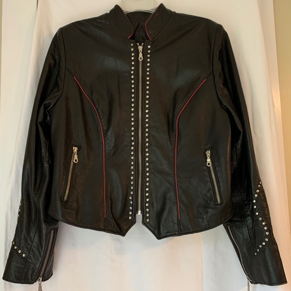 Tribe America black genuine leather cropped biker jacket w/ silver stud accents - Picture 1 of 7